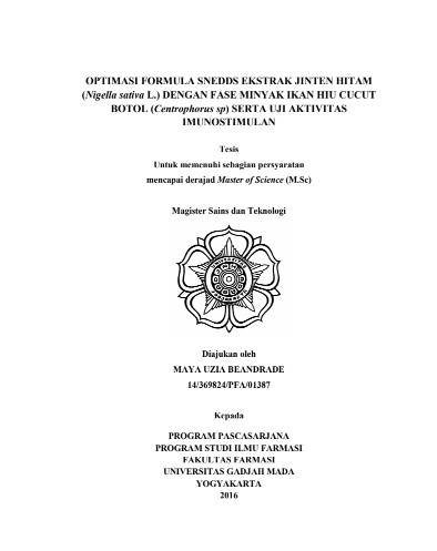 Tesis - Optimasi formula snedds ekstrak jinten hitam (Nigella sativa l.) dengan fase minyak ikan hiu cucut botol (Centrophorus sp) serta uji aktivitas imunostimulan