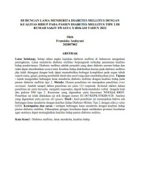 HUBUNGAN LAMA MENDERITA DIABETES MELLITUS DENGAN 
KUALITAS HIDUP PADA PASIEN DIABETES MELLITUS TIPE 2 DI 
RUMAH SAKIT SWASTA X BEKASI TAHUN 2022