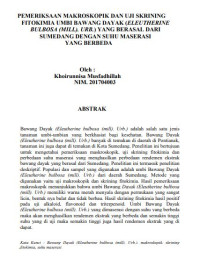 Pemeriksaan makroskopik dan uji skrining fitokimia umbi bawang dayak (Eleutherine bulbosa (mill). Urb.) Yang berasal dari sumedang dengan suhu maserasi yang berbeda .
