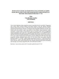 Image of PENETAPAN KADAR ASAM RETINOAT DALAM SEDIAAN KRIM PEMUTIH WAJAH TANPA IZIN DAR DI KOTA BEKASI DENGAN METODE SPEKTROFOTOMETRI UV-VIS