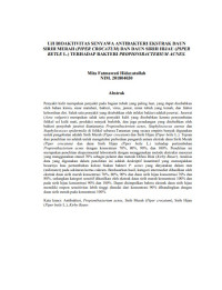 Image of UJI BIOAKTIVITAS SENYAWA ANTIBAKTERI EKSTRAK DAUN SIRIH MERAH (PIPER CROCATUM) DAN DAUN SIRIH HIJAU (PIPER BETLE L.) TERHADAP BAKTERI PROPIONIBACTERIUM ACNES.