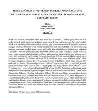 Image of HUBUNGAN PICKY EATER DENGAN PERILAKU MAKAN ANAK USIA
SEKOLAH DASAR DI DESA CIANTRA KECAMATAN CIKARANG SELATAN
KABUPATEN BEKASI