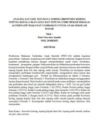 Image of ANALISA ZAT GIZI DAN DAYA TERIMA BROWNIES KERING TEPUNG KEPALA IKAN LELE DAN TEPUNG UMBI MERAH SEBAGAI ALTERNATIF MAKANAN TAMBAHAN UNTUK ANAK SEKOLAH 
DASAR