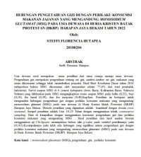 Image of HUBUNGAN PENGETAHUAN GIZI DENGAN PERILAKU KONSUMSI 
MAKANAN JAJANAN YANG MENGANDUNG MONOSODIUM GLUTAMAT (MSG) PADA USIA DEWASA DI HURIA KRISTEN BATAK 
PROTESTAN (HKBP) HARAPAN JAYA BEKASI TAHUN 2022