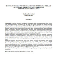 Image of HUBUNGAN TINGKAT PENGETAHUAN DAN SIKAP TERHADAP PERILAKU PENCEGAHAN HIPERTENSI PADA USIA DEWASA DI UPTD PUSKESMAS PENGASINAN