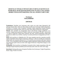 Image of HUBUNGAN TINGKAT PENGETAHUAN DENGAN KETEPATAN 
PEMILIHAN JENIS KONTRASEPSI PADA WANITA USIA SUBUR 
RISIKO TINGGI DI PUSKESMAS TELAGA MURNI TAHUN 2022