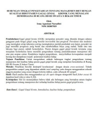 Image of HUBUNGAN TINGKAT PENGETAHUAN TENTANG MANAJEMEN DIET DENGAN 
KUALITAS HIDUP PASIEN GAGAL GINJAL KRONIK YANG MENJALANI 
HEMODIALISA DI RUANG HD RS SWASTA X BEKASI TIMUR