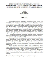 Image of HUBUNGAN TINGKAT PENGETAHUAN DENGAN 
PERILAKU PENCEGAHAN KOMPLIKASI HIPERTENSI PADA 
PENDERITA HIPERTENSI DI RS SWASTA X KOTA BEKASI
