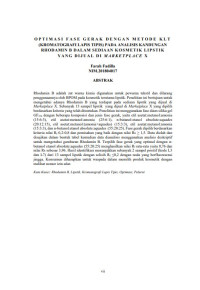 Image of OPTIMASI FASE GERAK DENGAN METODE KLT (KROMATOGRAFI LAPIS TIPIS) PADA ANALISIS KANDUNGAN RHODAMIN B DALAM SEDIAAN KOSMETIK LIPSTIK YANG DIJUAL DI MARKETPLACE X